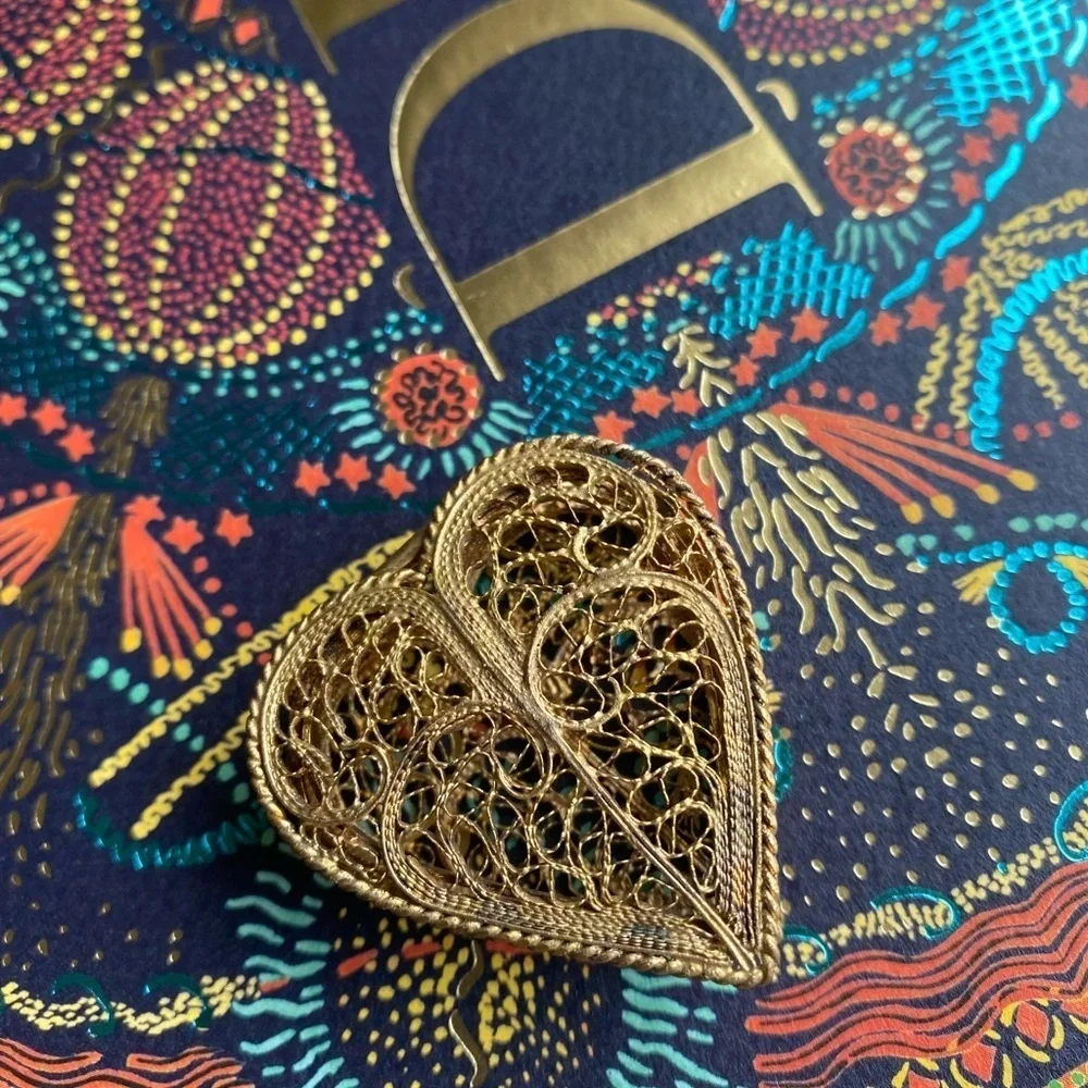 𝅺antique Signed CU Gold Gilt Filigree 1.5” mini heart proposal box